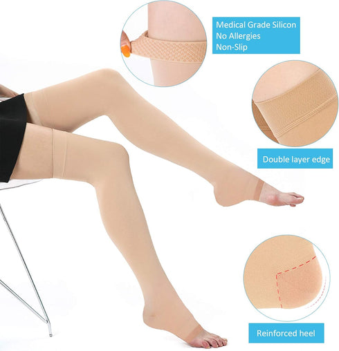 PADRAM Thigh High Compression Stockings, 20-30mmHg Open Toe Support Hose for Women, Beige, Large