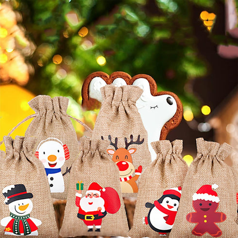 DERAYEE 36Pcs Christmas Jute Burlap Gift Bags, Small Craft Canvas Goodie Bags for Xmas Party Supplies