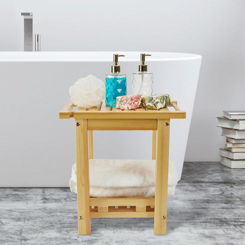 DNANAOL 450 lbs Shower Bench - Natural Wood Shower Stool with Storage Shelf, Waterproof Shower Chair with Handles