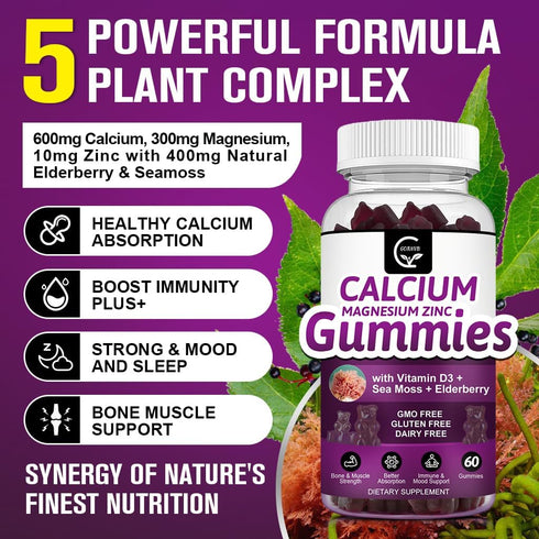 Calcium Magnesium Zinc Gummies with High Absorption Magnesium Glycinate, D3 Sea Moss for Bone & Immune Support - 2 Pack
