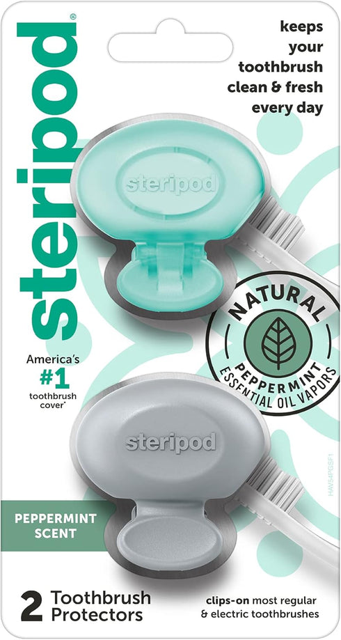 Steripod Clip-On Toothbrush Protector, Peppermint Essential Oils, Keeps Toothbrush Fresh, Travel Accessories, 2 Count