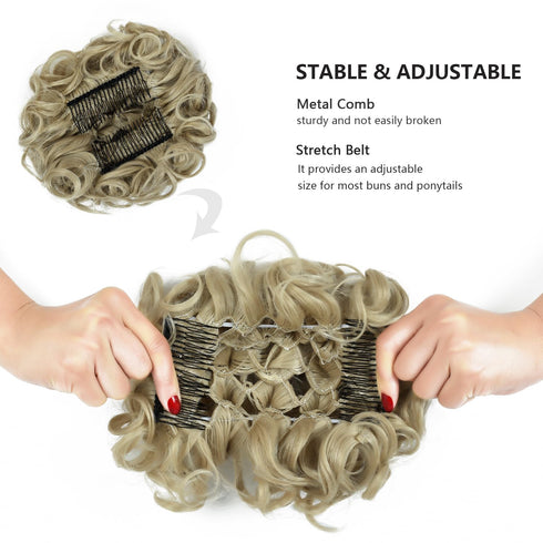 Rose Bud Curly Bun Hairpiece Extensions, Light Ash Blonde Messy Updo Scrunchie with Combs for Women