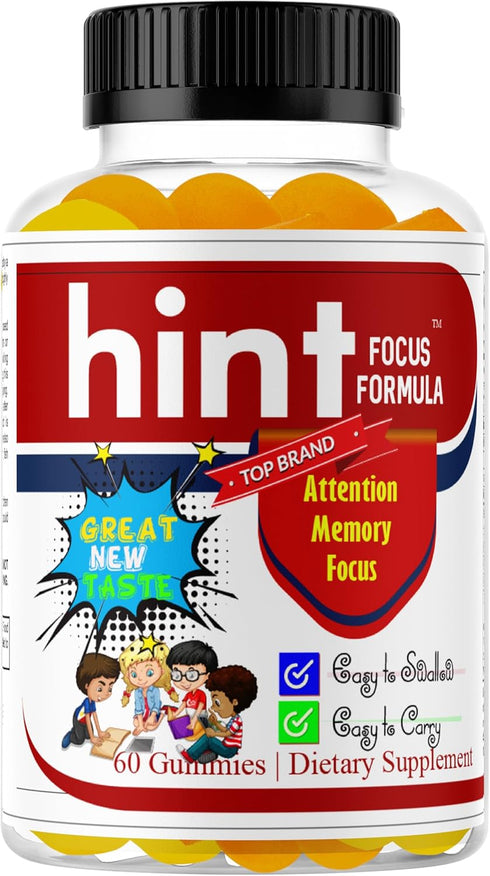 Hint Brain Memory Supplements for Kids & Teens, Omega 3 Vitamins, Low Sugar 60 Gummies for Focus & Eye Support