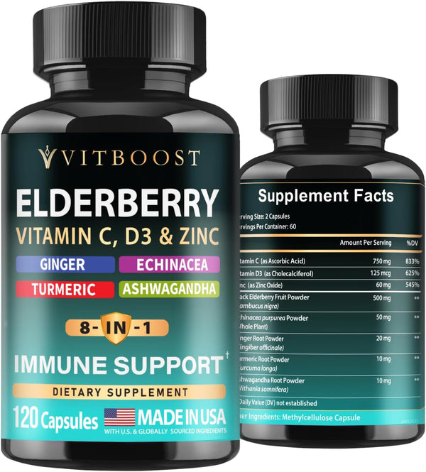 Elderberry Immune Support Supplement 8-in-1 Formula with Echinacea, Vitamin C & Zinc,