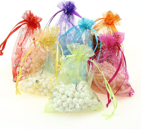 Zhiheng 100pcs Organza Wedding Party Gift Bags, Butterfly Drawstring Pouches for Jewelry Gift Favor (4"x6", Purple)