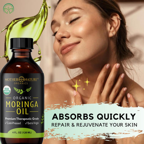 Mother Nature USDA Organic Moringa Seed Oil - 100% Pure Cold-Pressed Unrefined Oil for Face, Skin Care & Hair Growth (4