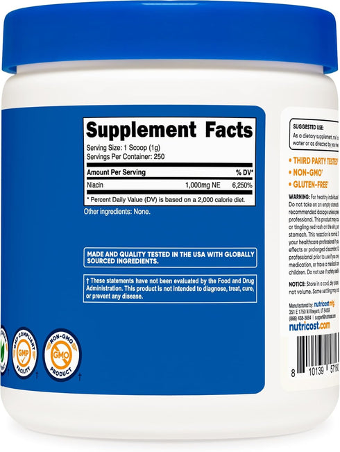 Nutricost Niacin Vitamin B3 Powder, 250 Grams, 1G Per Serving, Vitamin B3 (Niacin) Powder, May Cause Flush
