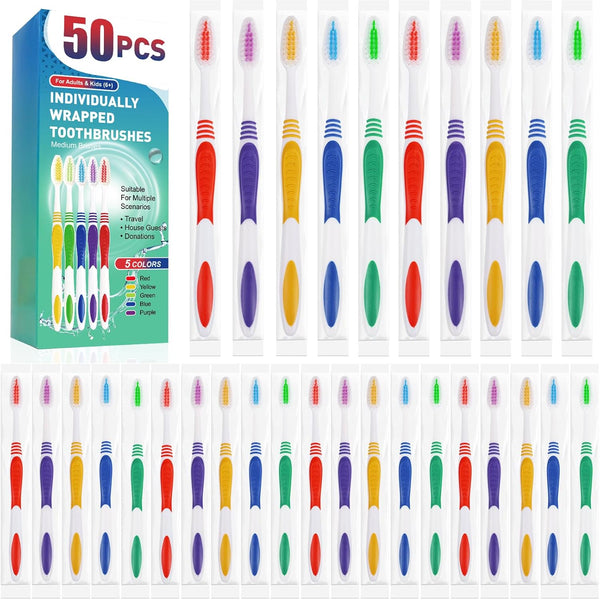 50 PCS Bulk Toothbrush Pack, Premium Quality, Individually Wrapped, Colorful, Medium Soft Bristles for Travel
