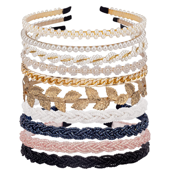Pearl Headbands - Beaded Metal No Slip Hair Accessories for Women Girls, 10 Pack