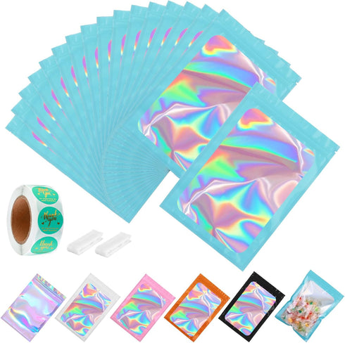 150-pack Holographic Mylar Bags with Clear Window, Resealable Foil Pouches for Food Storage, 7" x 10"
