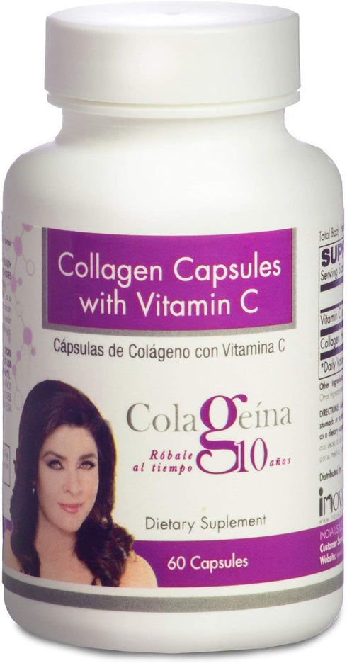 Colageina 10 Hydrolyzed Collagen Capsules with Vitamin C, 60 Count, Anti-Aging Dietary Supplement for Skin, Hair, Joints