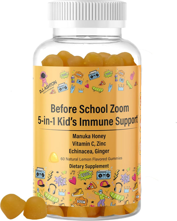 5-in-1 Kid's Immune Support Gummy with Manuka Honey, Vitamin C, Zinc, Echinacea, Ginger - 60 Count, Natural Citrus