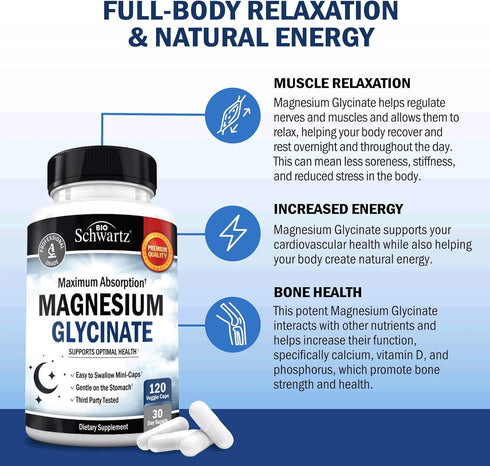 Magnesium Glycinate 500mg Capsules, 120 Mini Caps, Vegan Safe, Maximum Absorption Supplement for Nerves, Muscles