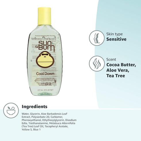 Sun Bum Cool Down Aloe Vera Gel, Vegan After Sun Care for Sunburn Pain Relief, 8 oz with Cocoa Butter