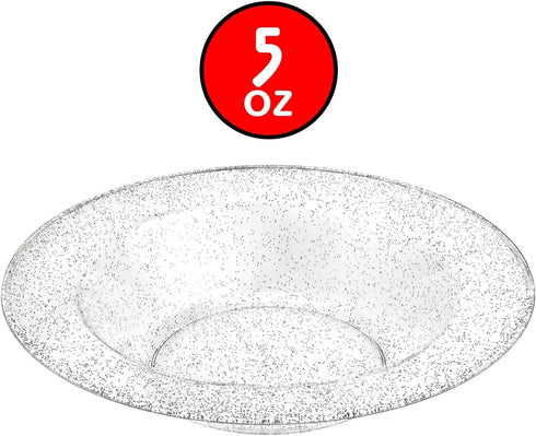 Glitter Silver Premium Plastic Round Dessert Bowl, 5 oz (12 Packs of 10), Elegant Durable for Events