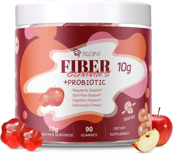 Migcopat Fiber Gummies with Probiotics,10G Fiber per Serving No Sugar Added Apple