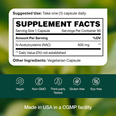 NAC Supplement - N Acetyl Cysteine - High Dosage 600mg - Pure NAC Powder - 90 Vegan Capsules