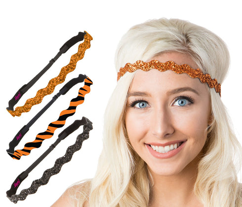 Hipsy Women's Adjustable No Slip Bling Glitter & Bengal Tiger Fashion Headband 3-pack (Wave Black/Tiger/Orange)