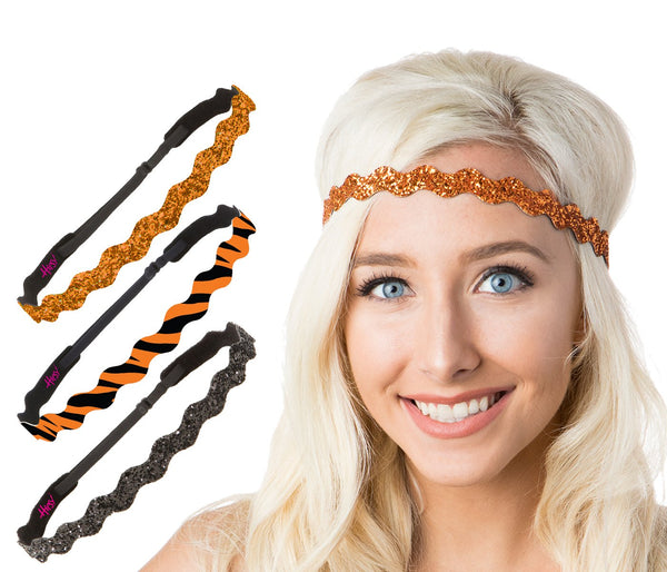 Hipsy Women's Adjustable No Slip Bling Glitter & Bengal Tiger Fashion Headband 3-pack (Wave Black/Tiger/Orange)