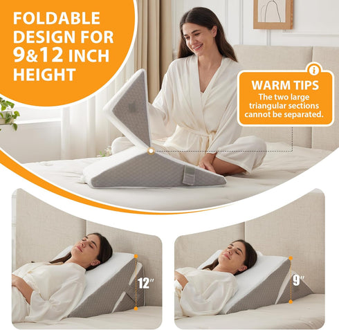 Bed Wedge Pillow for Sleeping, 9&12 Inch Adjustable Memory Foam Triangle Pillow for Back Pain Relief, White/Grey