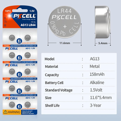 PKCELL LR44 1.5 AG13 357 303 A76 SR44 (10 CountPack 1) Batteries Volt Alkaline Button Coin Cell Battery
