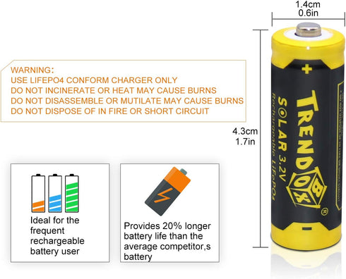 TRENDBOX 14430 3.2V 450mAh Battery LiFePo4 Rechargeable Solar Batteries for Outdoor Garden Light 8 Pack