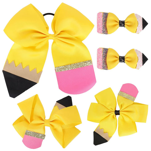 Whaline 5Pcs Back to School Yellow Pencil Hair Bow Clips, Jumbo Ribbon Grosgrain Hairgrips for Girls