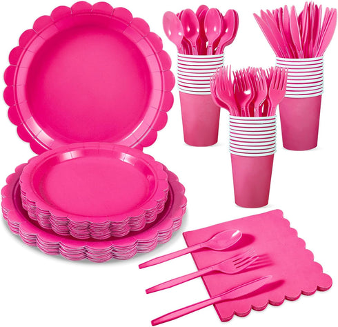 175 Pcs Hot Pink Party Supplies, Includes 25 Guest Hot Pink Plates, Napkins, Cups, and Plastic Spoons