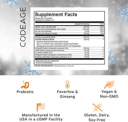 Codeage Clearhead Echinacea+ Supplement - Echinacea, Schisandra, Feverfew, Probiotics, Vitamins C & D3, 90 Capsules