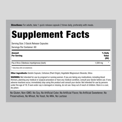 Piping Rock Pau d'Arco Capsules | 1500mg | 180 Count | Inner Bark | Herbal Extract Supplement | Non-GMO, Gluten Free
