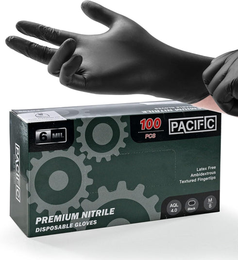 PACIFIC PPE 6-mil Black Nitrile Disposable Gloves, Food-Safe, Powder-Free, Cleaning, Textured Fingertips, Latex-Free,