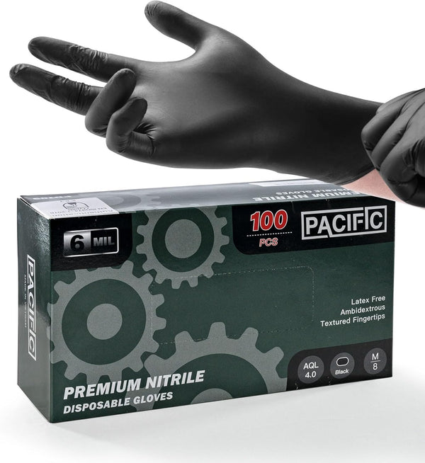 PACIFIC PPE 6-mil Black Nitrile Disposable Gloves, Food-Safe, Powder-Free, Cleaning, Textured Fingertips, Latex-Free,