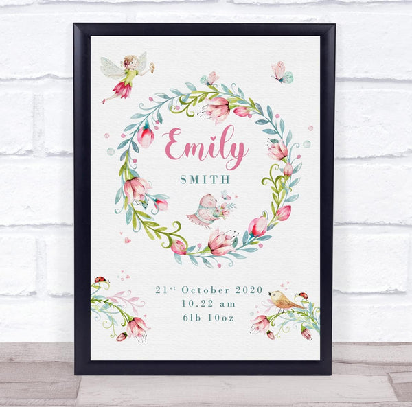 The Card Zoo New Baby Birth Details Christening Nursery Fairy Floral Wreath Gift Print