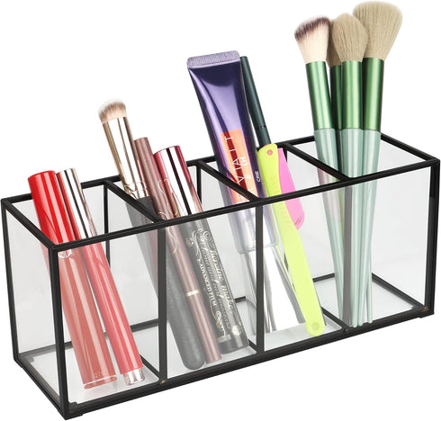 Luxurious Clear Glass Makeup Brush Organizer, Tempered Glass Cosmetics Storage Holder for Bathroom Decor (Black, 4