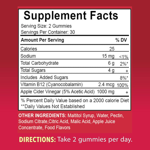 RTMGOB Gummy, B12, 1000 Supplement-60 Gummies Apple Cider Vinegar Vitamin mg, Apple Flavor, Vegan, Non-GMO, Gluten Free