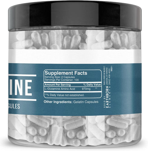 Earthborn Elements L-Glutamine 200 Capsules, Pure & Undiluted with No Additives
