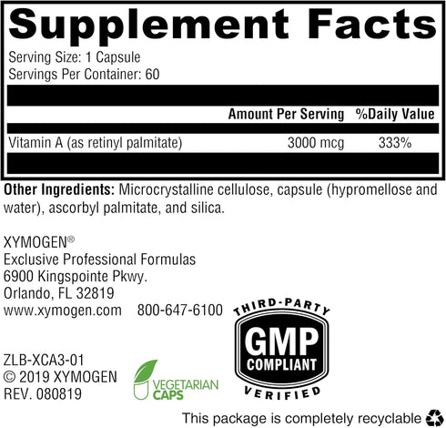 XYMOGEN Xcellent A High-Potency Vitamin A Supplement 3000-10,000 IU (Retinyl Palmitate) - 60 Capsules for Immune