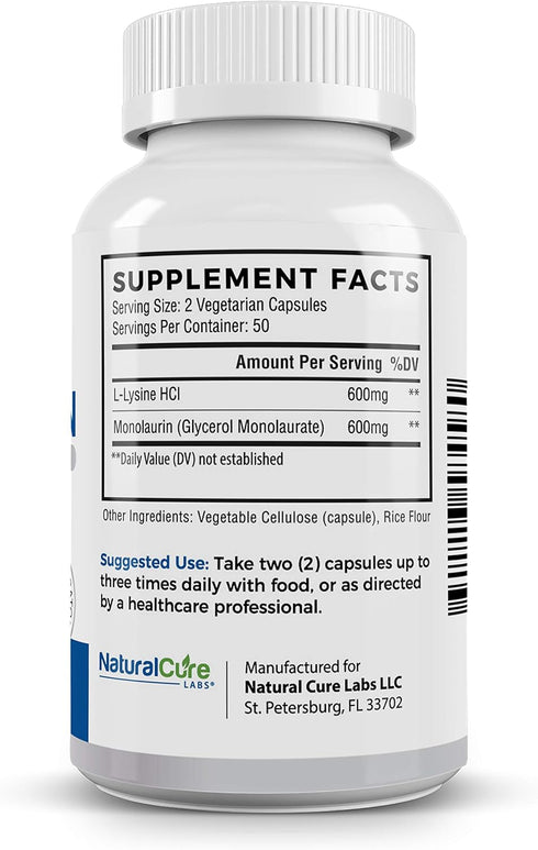 L-Lysine + Monolaurin 600mg 1:1 Ratio - 100 Capsules