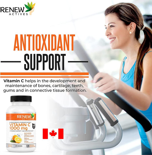 Renew Actives Maximum Strength Vitamin C 1000MG - Antioxidant & Immune Booster, Non-GMO, Sugar Free, 120 Vegan Capsules
