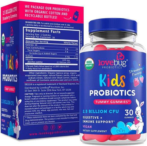 Lovebug Award Winning USDA Organic Probiotic Gummies for Kids | Soil-Based Probiotic | Vegan | Ages 3+ | Natural Fruit Strawberry Flavor | 30 Gummies