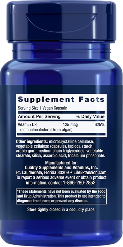Life Extension Vegan Vitamin D3, Joint/Bone Health, Immune Support, Non-GMO, Gluten Free, 60 Count