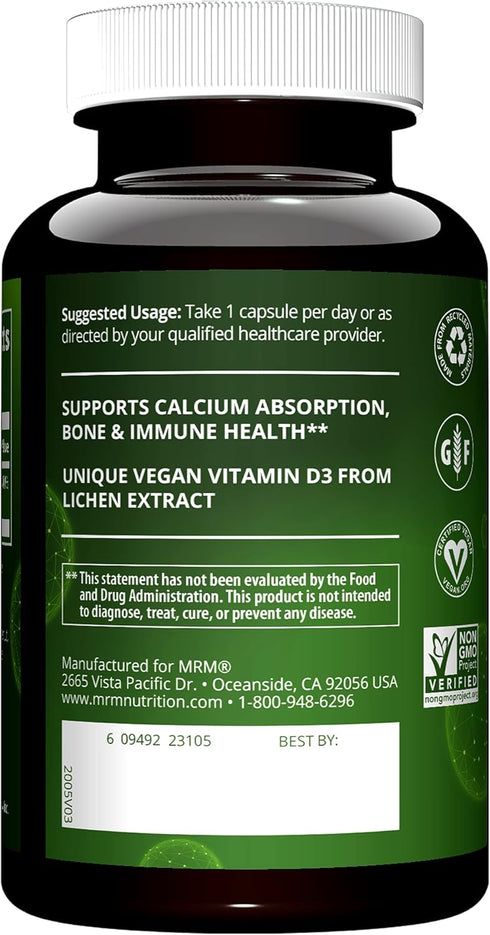 MRM Nutrition Vegan Vitamin D3 2,500 IU | Bone + Immune Health | Supports Calcium Absorption | 60 servings