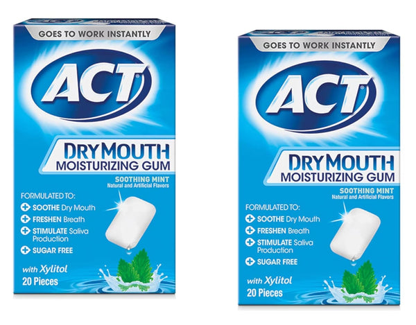 ACT Dry Mouth Moisturizing Gum, Sugar Free, Soothing Mint, 20 Count (Pack of 2)