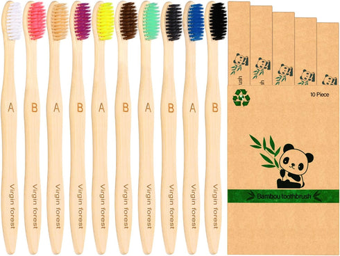 Virgin Forest Bamboo Toothbrush, 10 Count, Soft Bristle for Adults, Eco-Friendly Natural Wooden Toothbrushes
