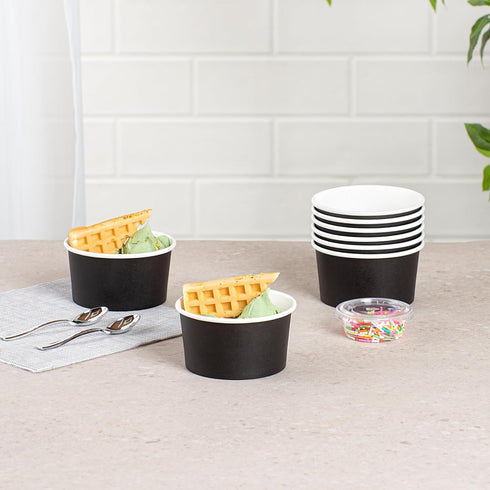 Coppetta 8-Ounce Dessert Cups, 50 Disposable Ice Cream Cups, Sturdy Black Paper Frozen Yogurt Bowls, Lids Sold
