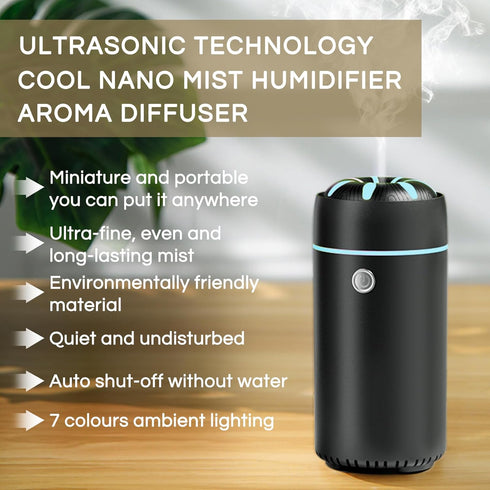 Car Humidifier Diffuser for Essential Oils, USB Cool Mist Air Freshener for Car, Home, Office, Bedroom (Black)