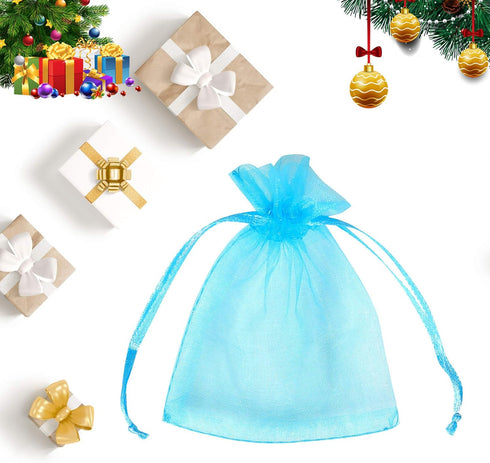 Boshen 100/200PCS Teal Blue Organza Gift Candy Sheer Bags, Mesh Jewelry Pouches Drawstring for Wedding Party Favors