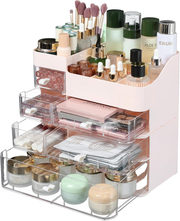Makeup Storage Organizer, Large Capacity Countertop Organizer for Vanity, Stackable Clear 6 Drawers for Brushes and