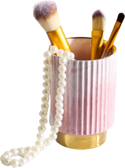IEEK Pink and Gold Makeup Brush Holder Organizer, Glass Cup for Eyebrow Pencil, European Style