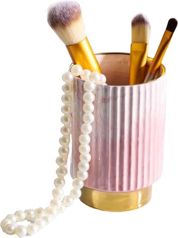 IEEK Pink and Gold Makeup Brush Holder Organizer, Glass Cup for Eyebrow Pencil, European Style